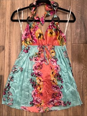 Single Floral Halter Dress in Coral and Aqua